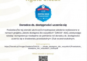 Oficjalny certyfikat UNICEF dla Agaty Olczak, Doradca ds. dostępności uczenia się, wydany przez Instytut Badań Edukacyjnych 27.06.2025.