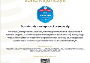 Oficjalny certyfikat UNICEF dla Ilony Kiljańczyk, Doradca ds. dostępności uczenia się, wydany przez Instytut Badań Edukacyjnych 27.06.2025.