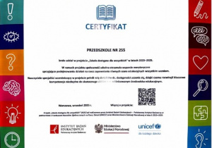 Oficjalny certyfikat UNICEF dla Przedszkola nr 255, potwierdzający udział w projekcie Szkoła dostępna dla wszystkich, Warszawa, wrzesień 2025.