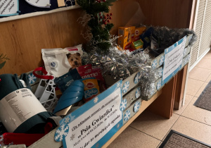 Zdjęcie przedstawia kosze podczas zbiórki prowadzonej przez Przedszkolny Klub Małego Wolontariusza" -Psia Gwiazdka