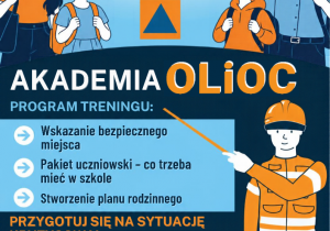 Plakat w odcieniach koloru niebieskiego zapraszający na trening rodzinny OLiOC.